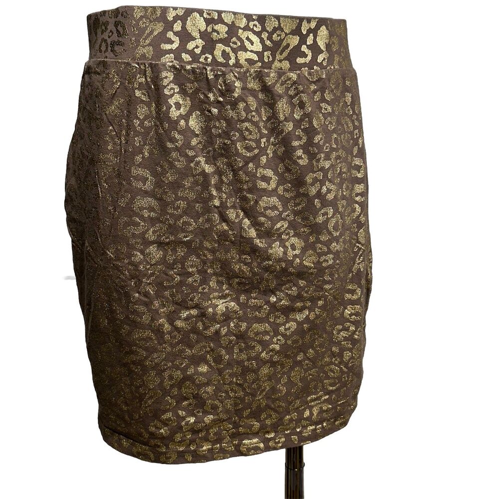 Forever 21 Mini Skirt Womens 1X Brown Gold Metallic Leopard Print StretchBodycon - Picture 1 of 8